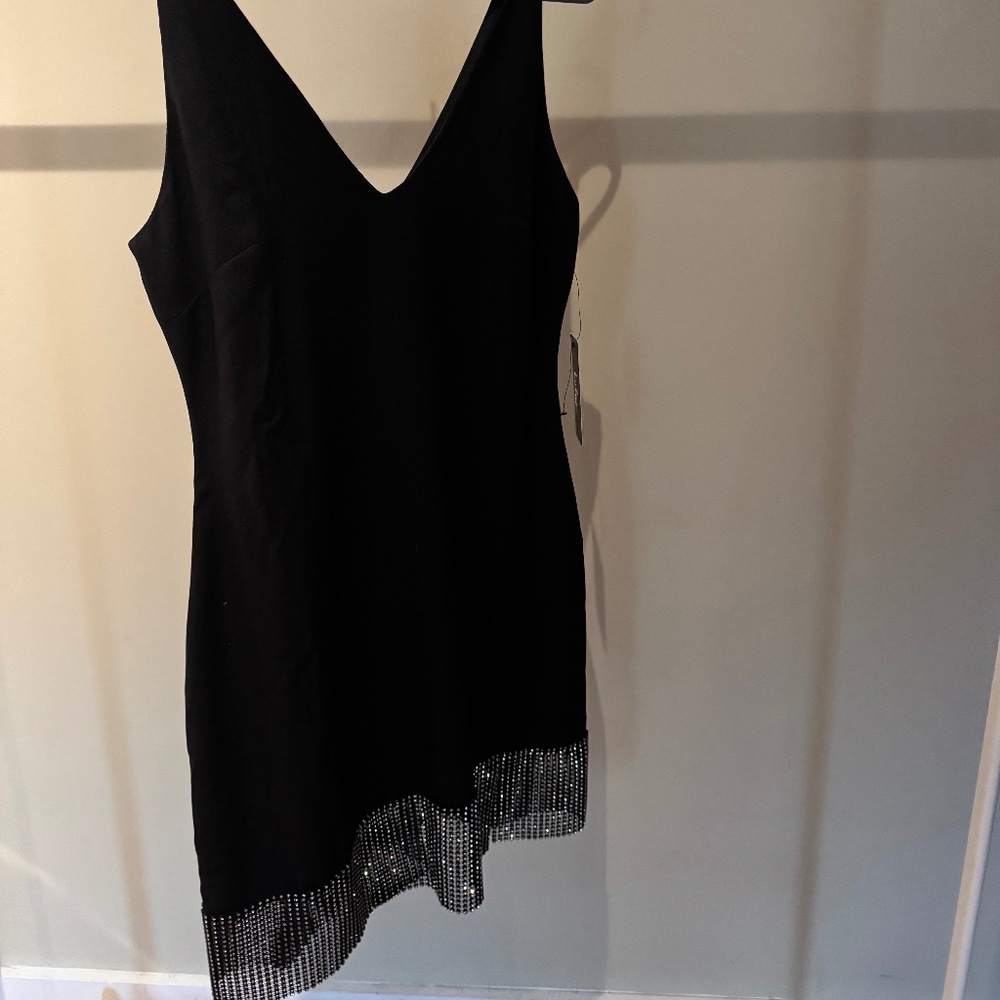 Lulus Black Rhinestone Fringe Hem Dress – Size S